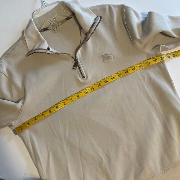 Burberry Brit Quarter Zip Pullover Men's Size Medium Tan with Plaid Trim Shirt - Picture 7 of 8